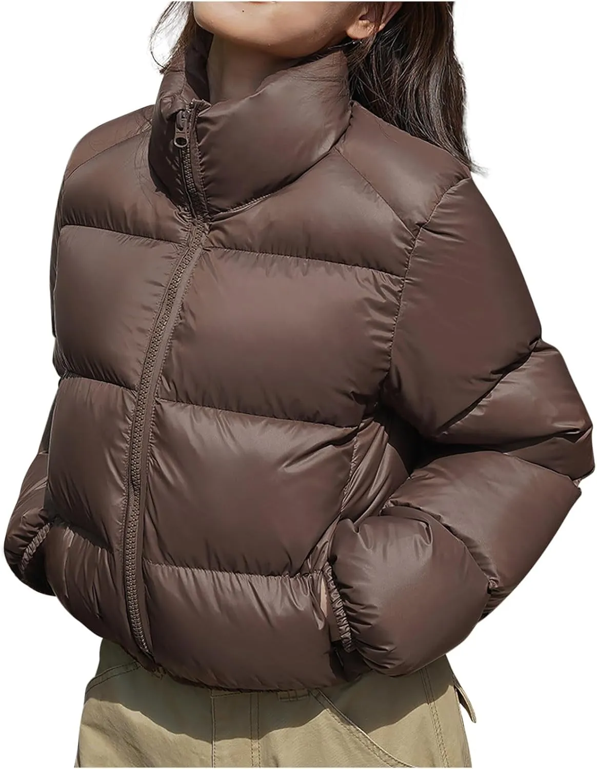Women's Cropped Puffer Jacket Solid Color Long Sleeve Zip Up Down Coats 2024 Winter Trendy Thermal Overcoats Clothes