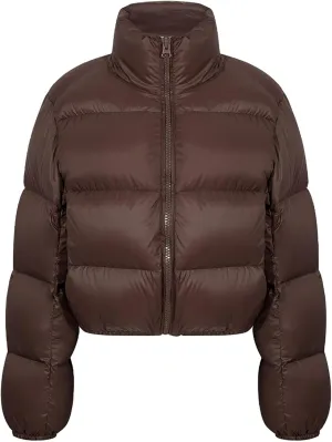 Women's Cropped Puffer Jacket Solid Color Long Sleeve Zip Up Down Coats 2024 Winter Trendy Thermal Overcoats Clothes