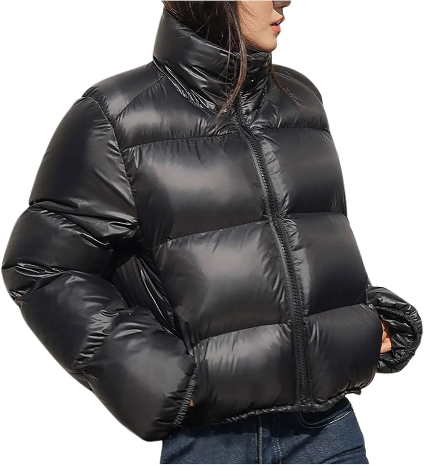 Women's Cropped Quilted Puffer Jacket Outerwear Puffy Coats Stand Collar Thicken Warm Winter Coats Short Down Coats
