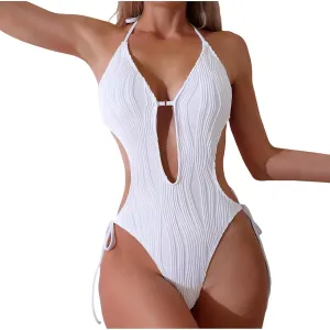 Women's Cut Out One Piece Swimsuit Sexy Halter Neck Backless Textured Swimwear Beach High Cut Tie-Side Bathing Suits