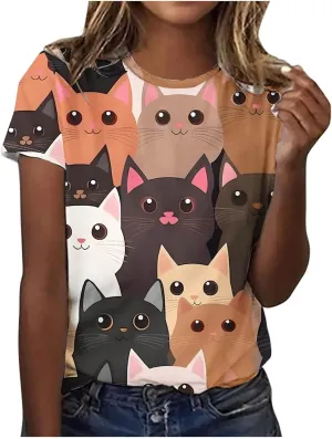 Women's Cute Cat Printed Summer Tops Loose Fit Basic Crewneck Short Sleeve Tunic T-Shirts Trendy Casual Graphic Tees Blouse
