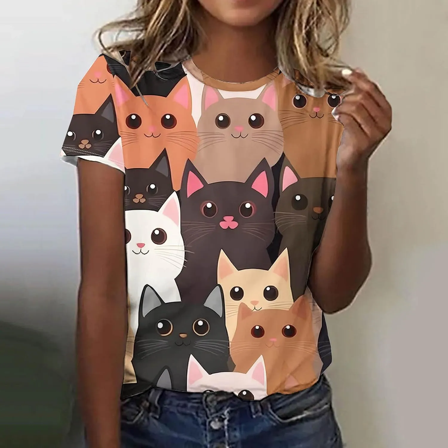 Women's Cute Cat Printed Summer Tops Loose Fit Basic Crewneck Short Sleeve Tunic T-Shirts Trendy Casual Graphic Tees Blouse