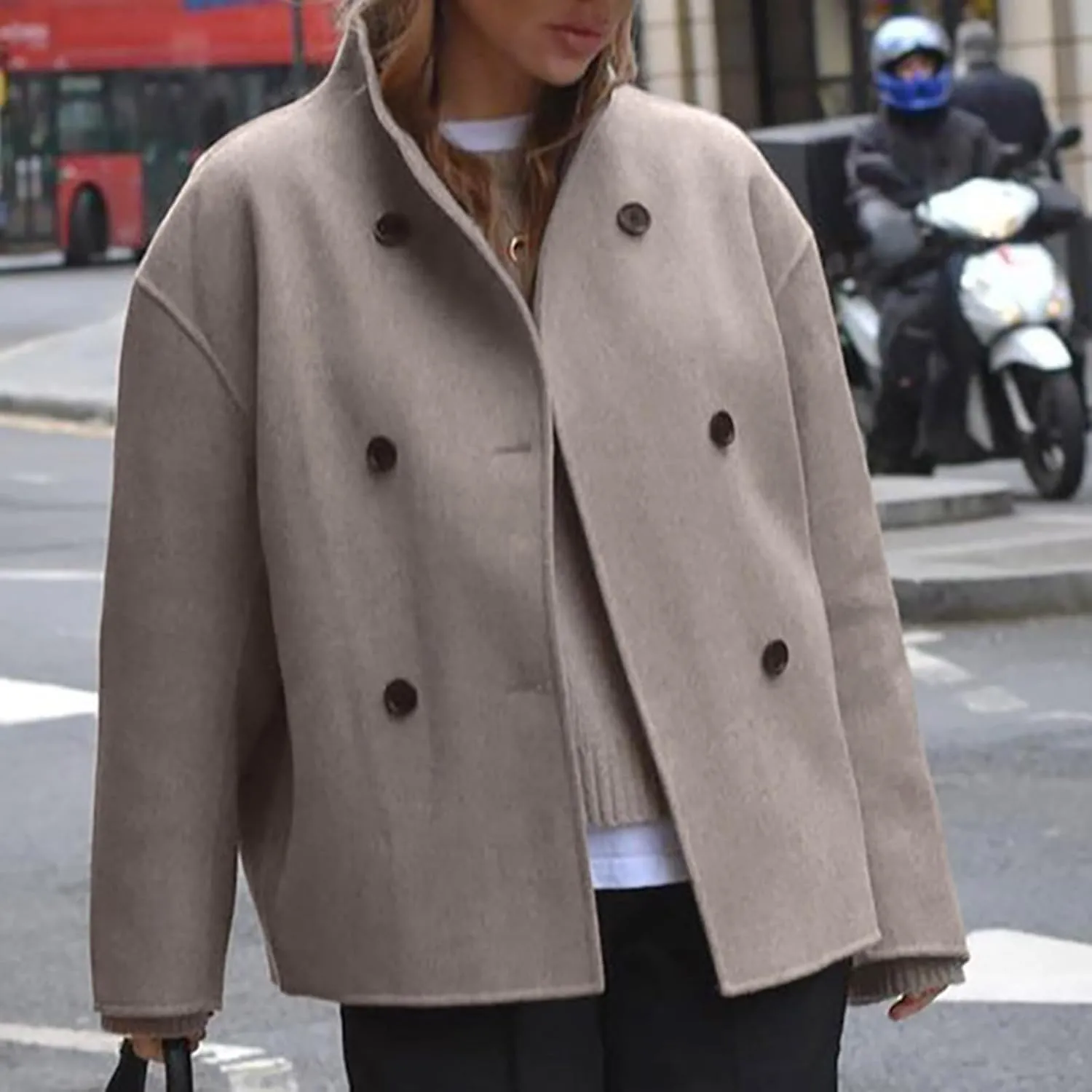 Women's Double Breasted Coat Casual Winter Wool Blend Jacket Stand Collar Long Sleeve Pea Coats Cardigans Cropped Coats