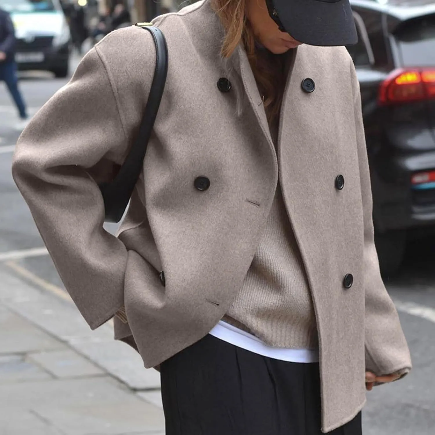 Women's Double Breasted Coat Casual Winter Wool Blend Jacket Stand Collar Long Sleeve Pea Coats Cardigans Cropped Coats