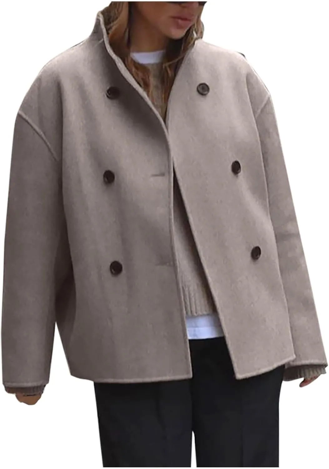 Women's Double Breasted Coat Casual Winter Wool Blend Jacket Stand Collar Long Sleeve Pea Coats Cardigans Cropped Coats