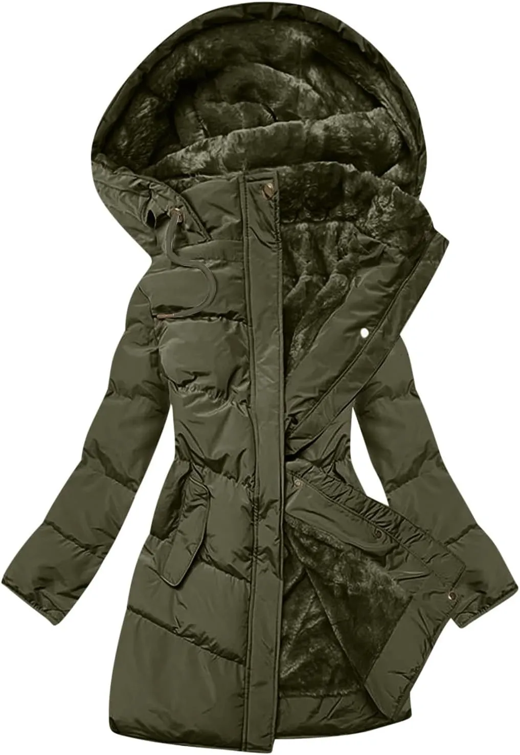 Women's Down Jackets Fleece Lined Thicken Parkas Drawstring Hooded Winter Coat Fashion Versatile Outerwear with Pockets