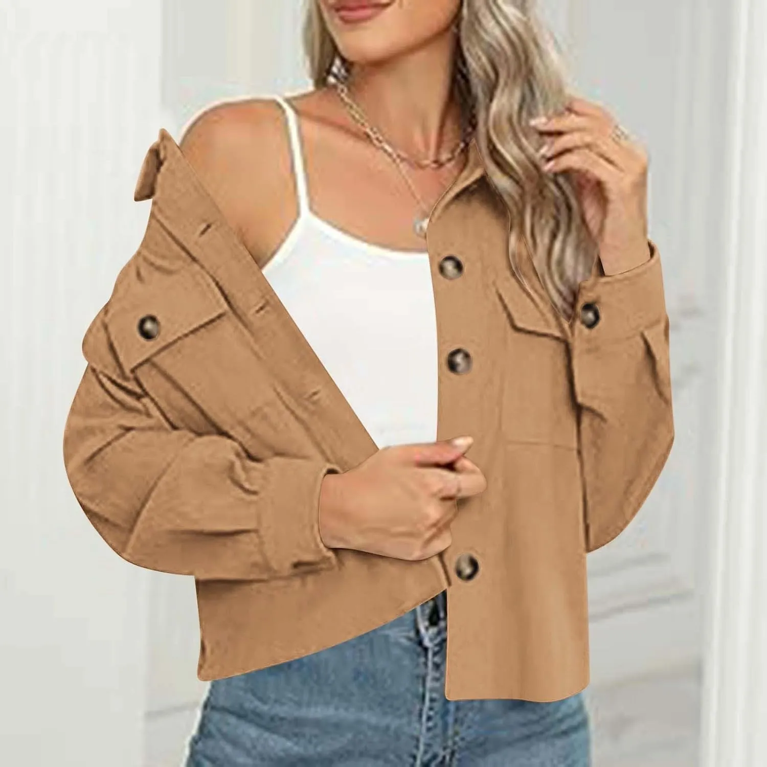Womens Fashion Cropped Shackets Corduroy Button Down Crop Jackets Tops Long Sleeve Lapel Shirts Trendy Tops Jacket