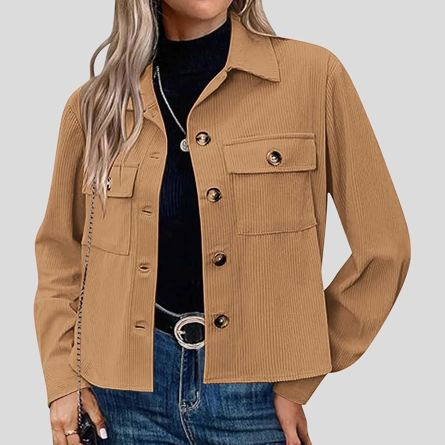 Womens Fashion Cropped Shackets Corduroy Button Down Crop Jackets Tops Long Sleeve Lapel Shirts Trendy Tops Jacket