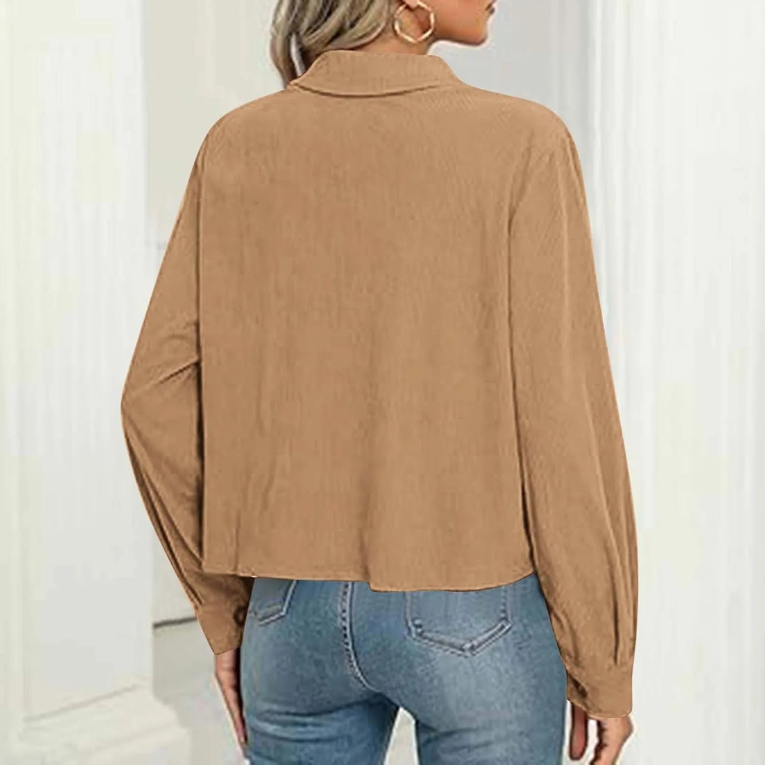 Womens Fashion Cropped Shackets Corduroy Button Down Crop Jackets Tops Long Sleeve Lapel Shirts Trendy Tops Jacket