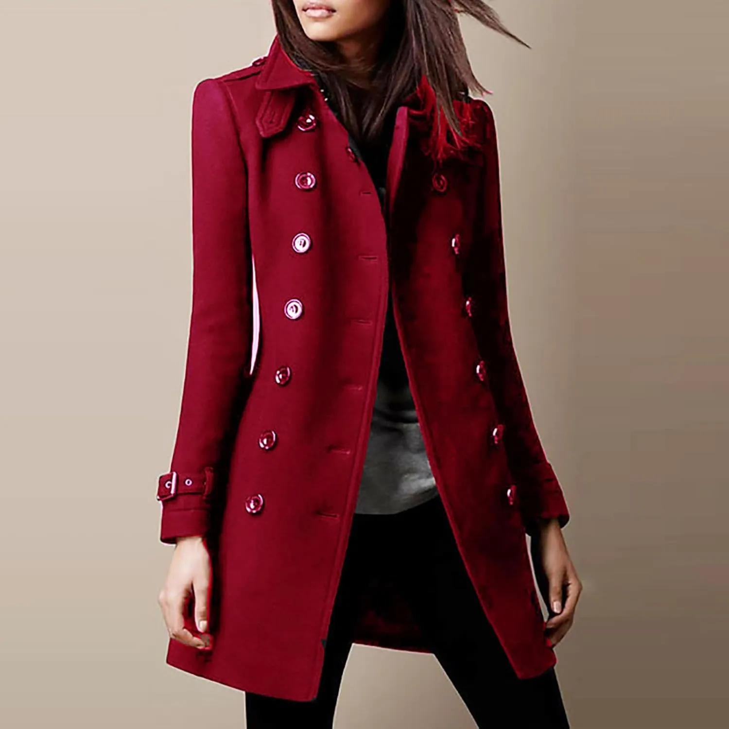 Womens Fashion Woolen Overcoat Solid Color Windbreaker 2025 Fall Winter Trench Coat Lapel Button Jacket Long Coats