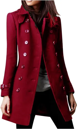 Womens Fashion Woolen Overcoat Solid Color Windbreaker 2025 Fall Winter Trench Coat Lapel Button Jacket Long Coats