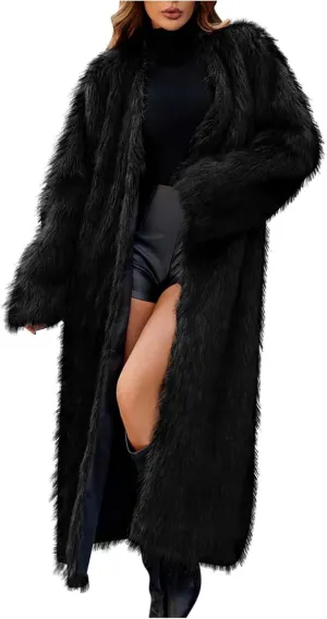 Women's Faux Fur Long Cardigan Fluffy Open Front Long Sleeve Overcoats Winter Warm Luxury Furry Maxi Jackets