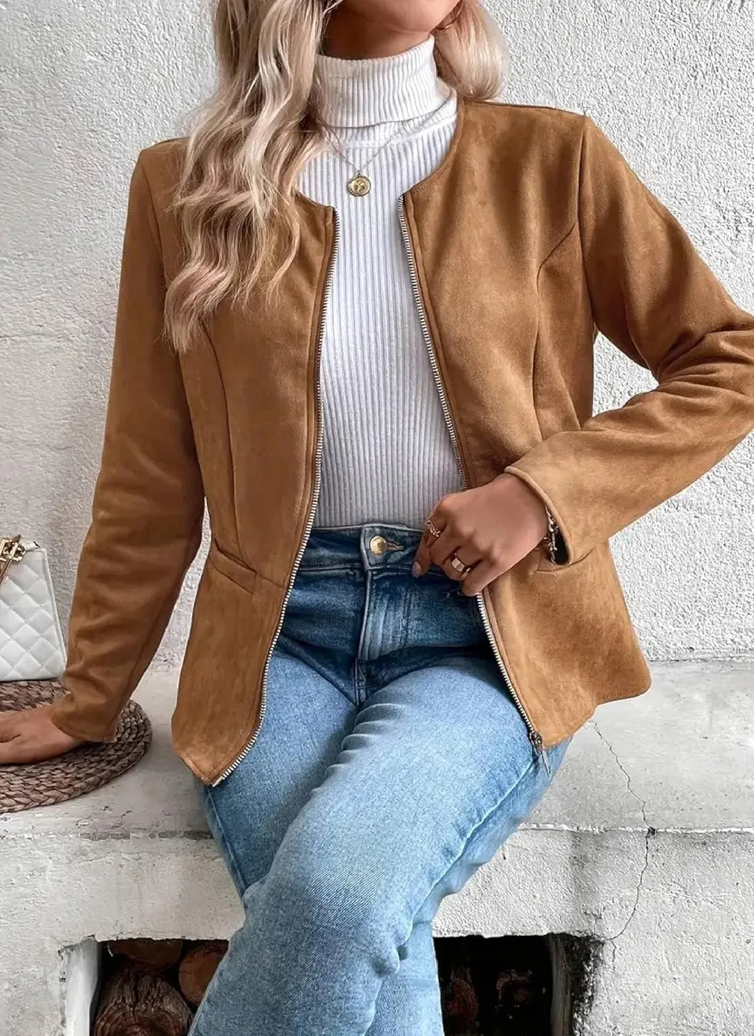 Womens Faux Leather Jackets Lightweight Zip Up Short Moto Biker Coat Casual Long Sleeve Office Open Front Suit Jacket