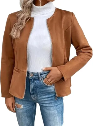 Womens Faux Leather Jackets Lightweight Zip Up Short Moto Biker Coat Casual Long Sleeve Office Open Front Suit Jacket