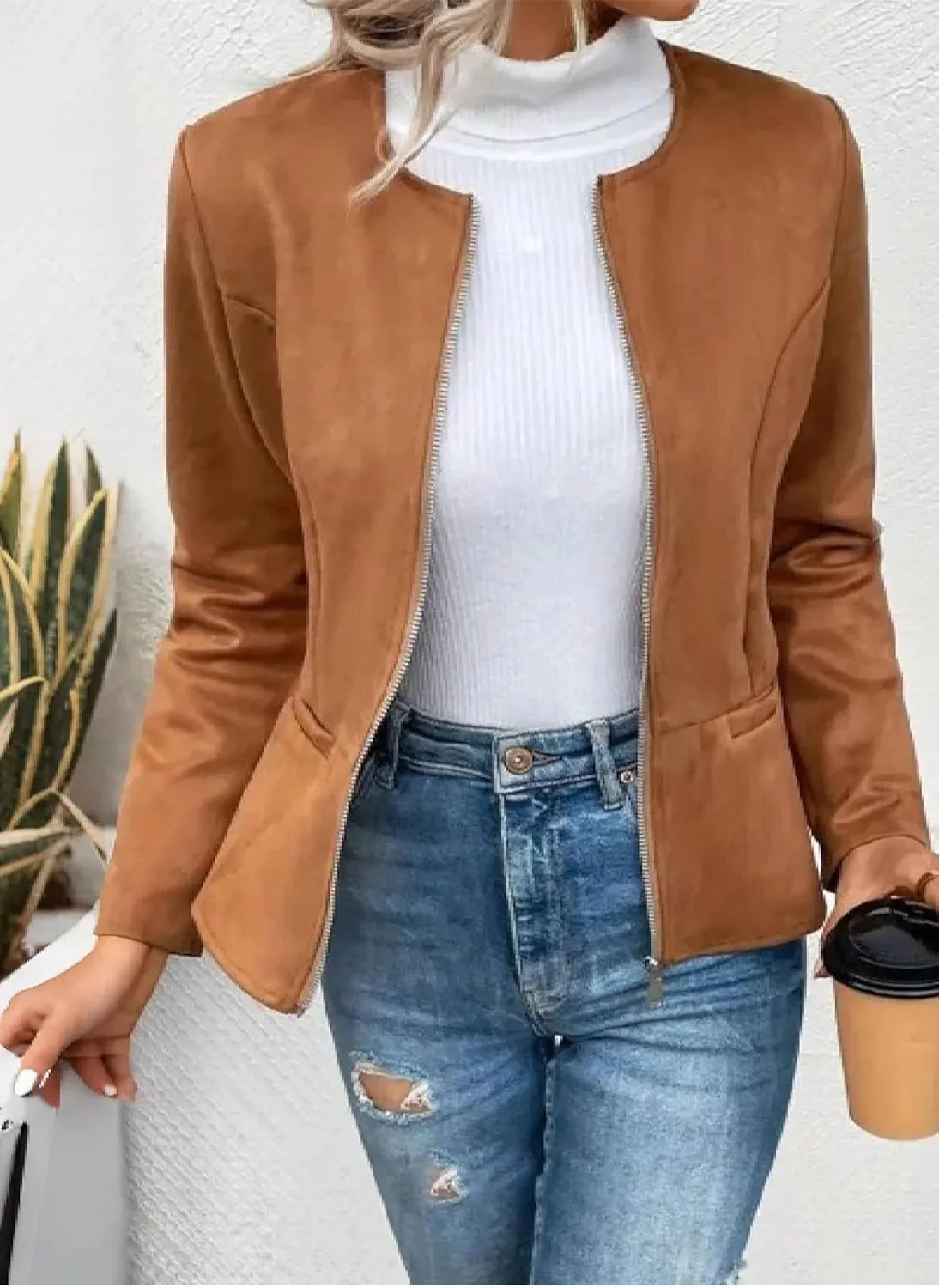 Womens Faux Leather Jackets Lightweight Zip Up Short Moto Biker Coat Casual Long Sleeve Office Open Front Suit Jacket