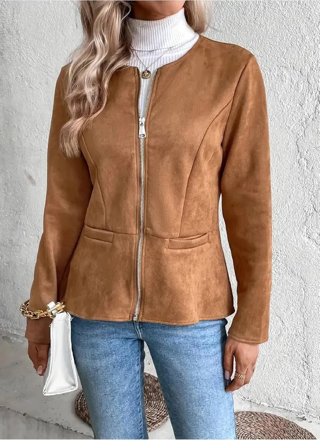 Womens Faux Leather Jackets Lightweight Zip Up Short Moto Biker Coat Casual Long Sleeve Office Open Front Suit Jacket