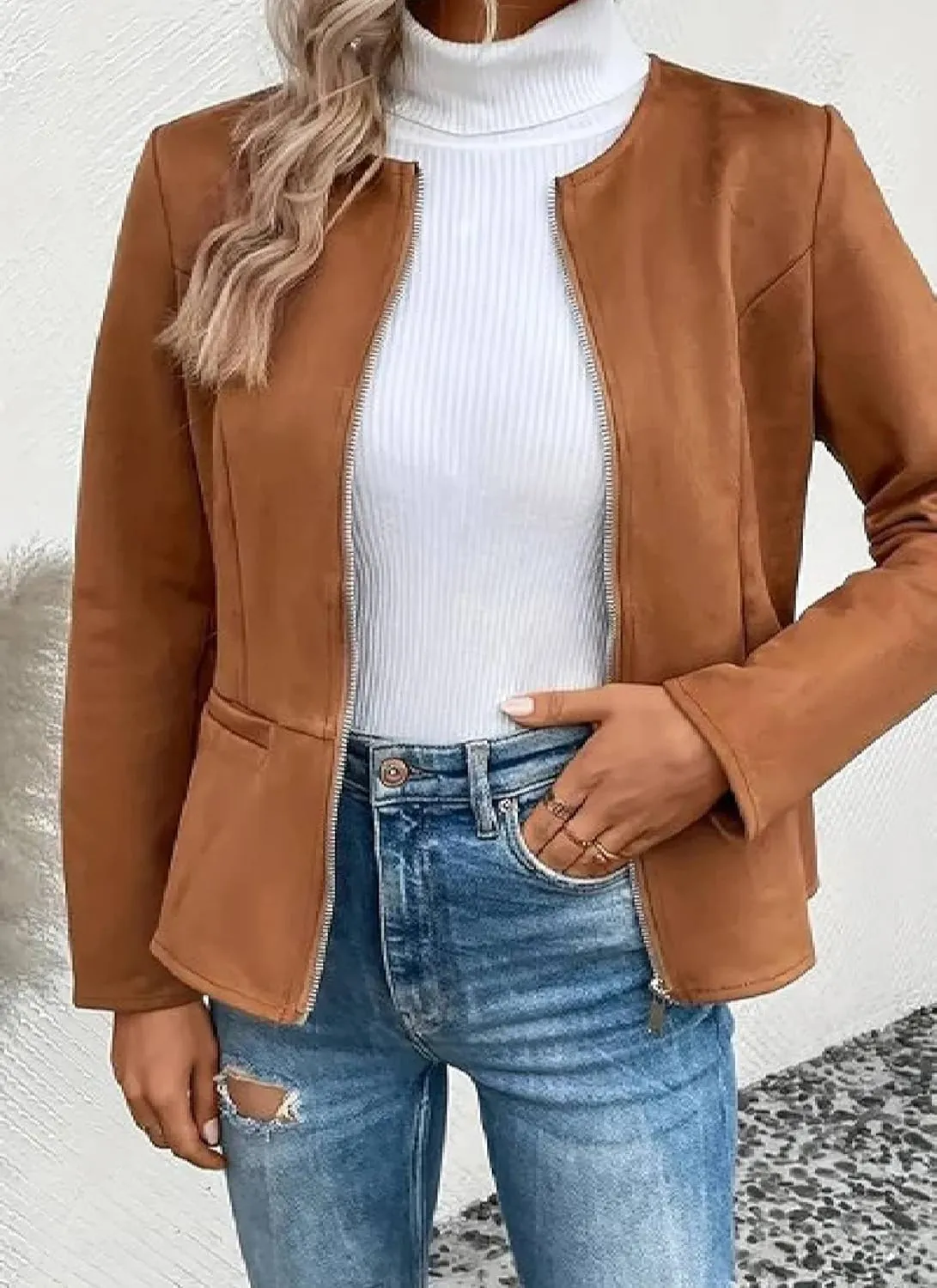 Womens Faux Leather Jackets Lightweight Zip Up Short Moto Biker Coat Casual Long Sleeve Office Open Front Suit Jacket