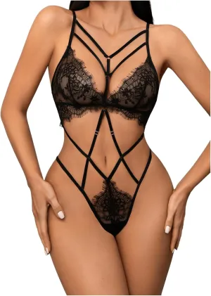 Women's Floral Lace Cut Out One Piece Lingerie Bodysuit Criss Cross Strappy Teddy Lingerie