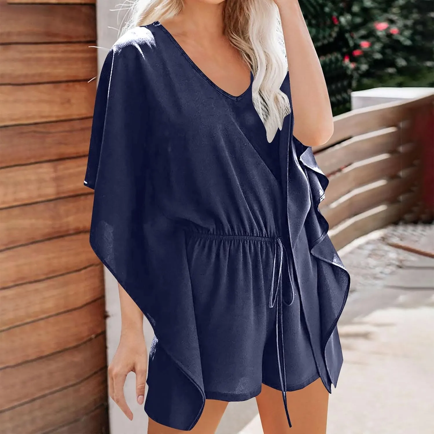 Womens Flowy Batwing Short Sleeve Rompers Summer Lightweight Baggy Shorts Jumpsuits Casual One Piece Beach Outfits