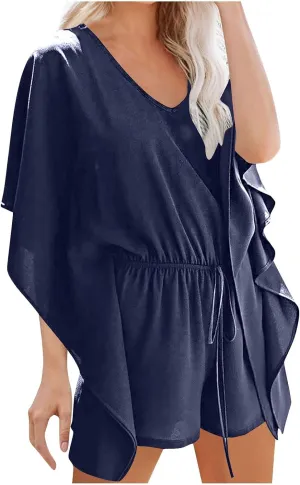 Womens Flowy Batwing Short Sleeve Rompers Summer Lightweight Baggy Shorts Jumpsuits Casual One Piece Beach Outfits