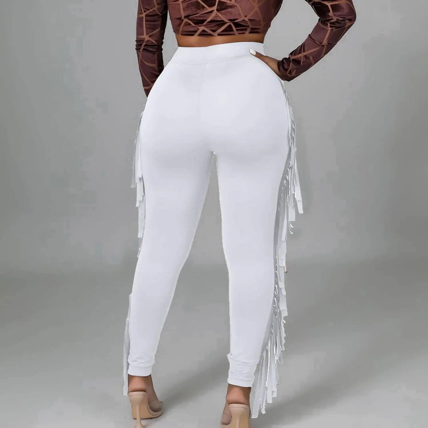 Women's Fringe Pants Casual High Waist Solid Bodycon Side Tassel Pants Yoga Dance Pants Sweatpants Bandage Pants
