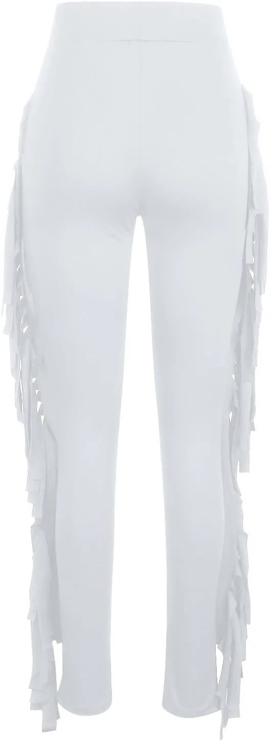 Women's Fringe Pants Casual High Waist Solid Bodycon Side Tassel Pants Yoga Dance Pants Sweatpants Bandage Pants