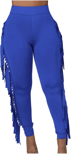 Women's Fringe Pants Casual High Waist Solid Bodycon Side Tassel Pants Yoga Dance Pants Sweatpants Bandage Pants