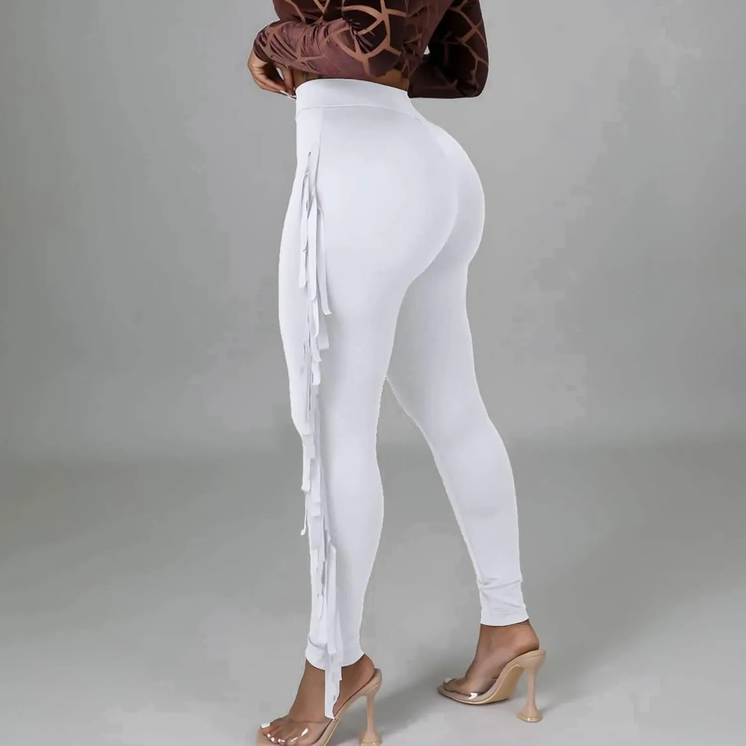 Women's Fringe Pants Casual High Waist Solid Bodycon Side Tassel Pants Yoga Dance Pants Sweatpants Bandage Pants