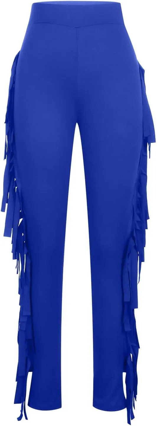Women's Fringe Pants Casual High Waist Solid Bodycon Side Tassel Pants Yoga Dance Pants Sweatpants Bandage Pants