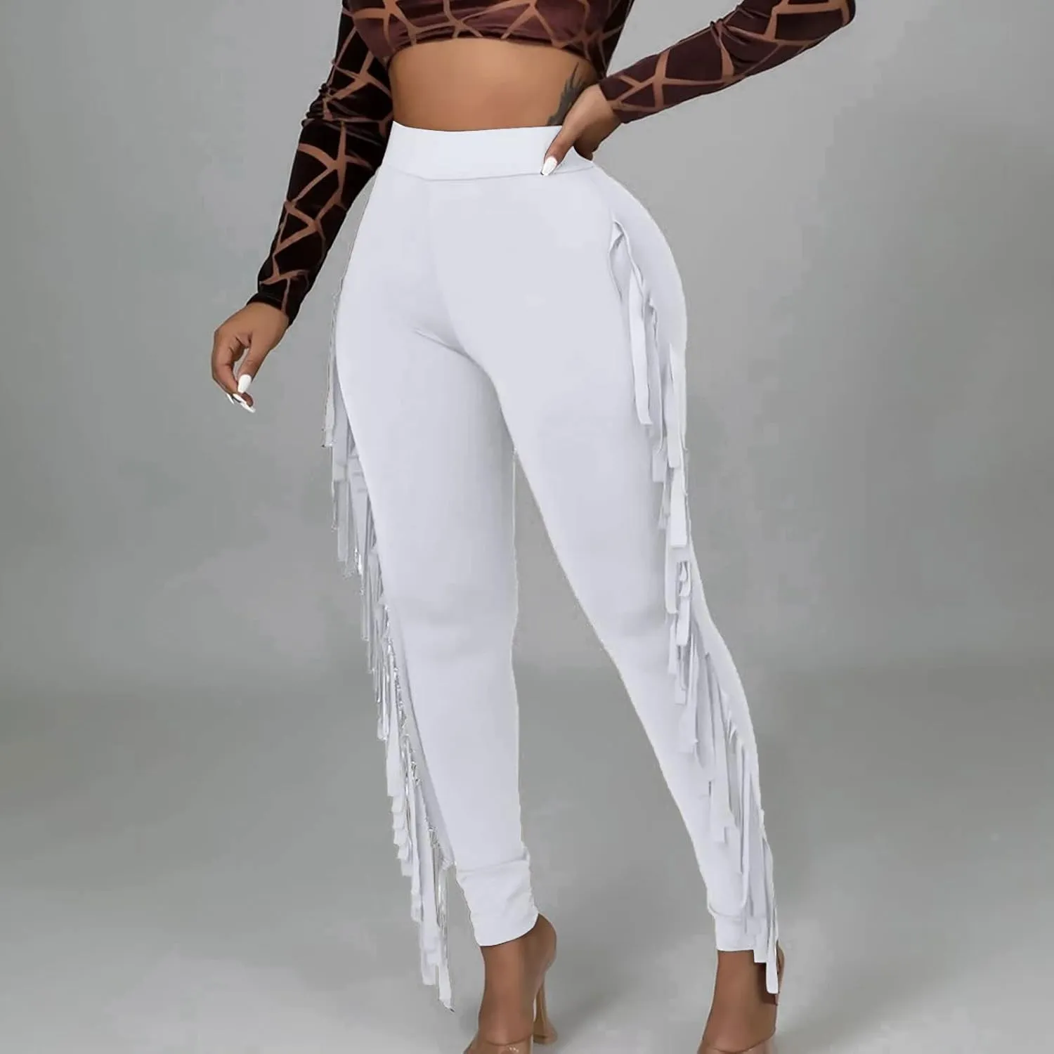 Women's Fringe Pants Casual High Waist Solid Bodycon Side Tassel Pants Yoga Dance Pants Sweatpants Bandage Pants