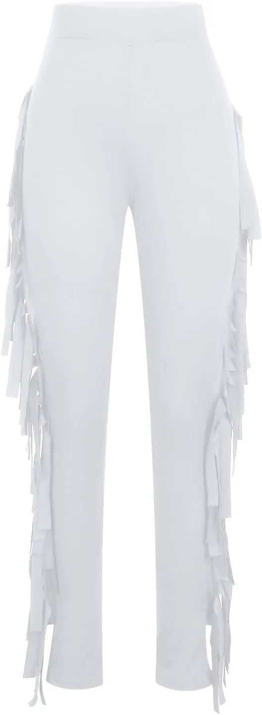 Women's Fringe Pants Casual High Waist Solid Bodycon Side Tassel Pants Yoga Dance Pants Sweatpants Bandage Pants