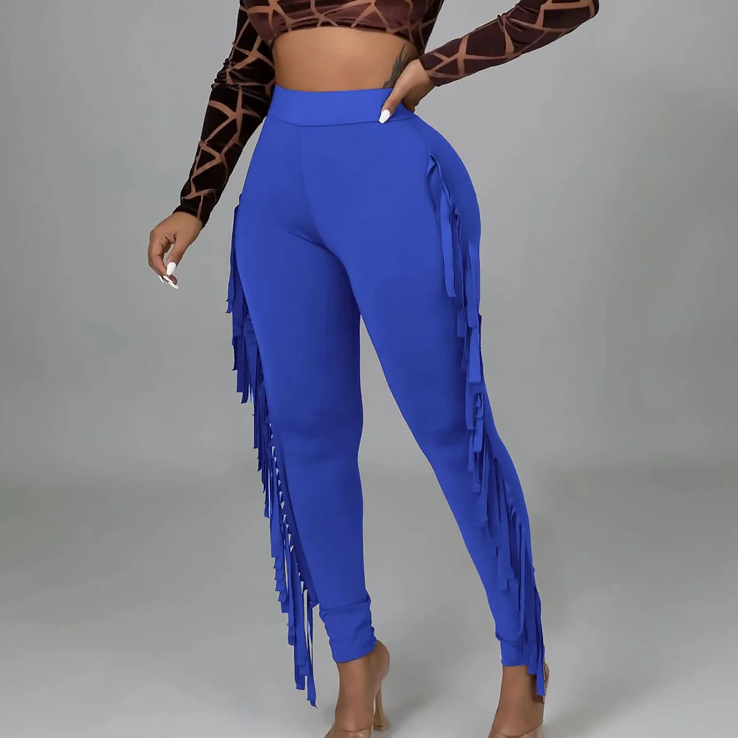 Women's Fringe Pants Casual High Waist Solid Bodycon Side Tassel Pants Yoga Dance Pants Sweatpants Bandage Pants