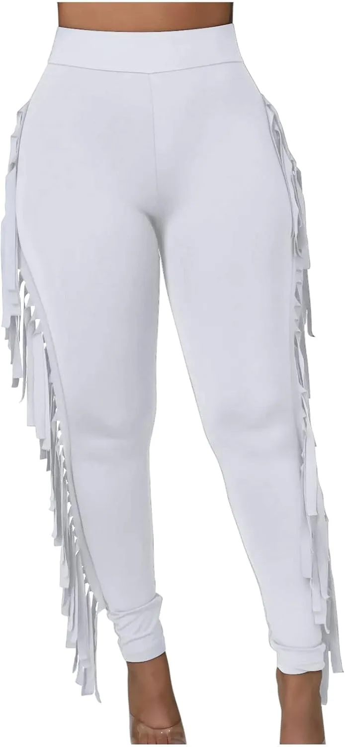 Women's Fringe Pants Casual High Waist Solid Bodycon Side Tassel Pants Yoga Dance Pants Sweatpants Bandage Pants