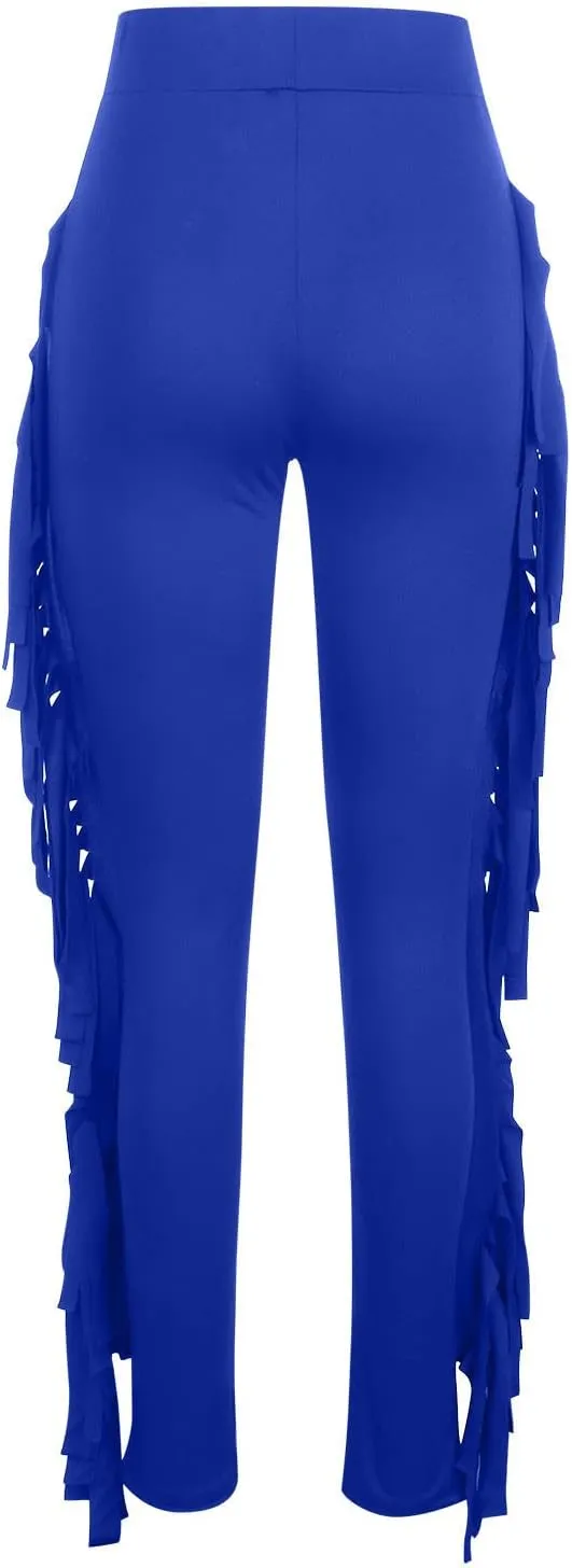 Women's Fringe Pants Casual High Waist Solid Bodycon Side Tassel Pants Yoga Dance Pants Sweatpants Bandage Pants