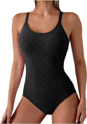 Womens Full Coverage Swimsuit One Piece Solid Color Strappy Backless Swimwear Trendy 2025 Tummy Control Bathing Suit