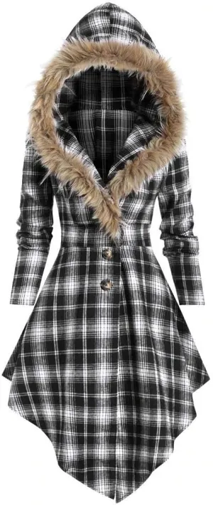 Womens Furry Hooded Jackets Plaid Printed Plush Button Asymmetric Long Tops Cloak Button Gothic Coats
