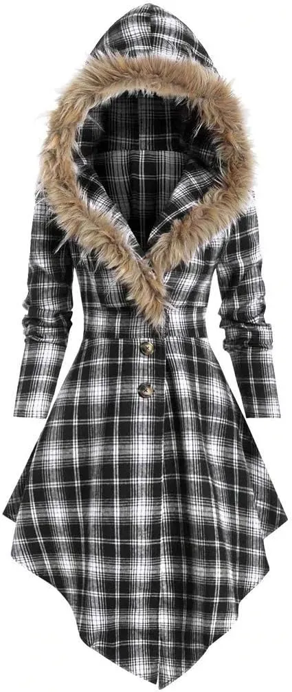 Womens Furry Hooded Jackets Plaid Printed Plush Button Asymmetric Long Tops Cloak Button Gothic Coats