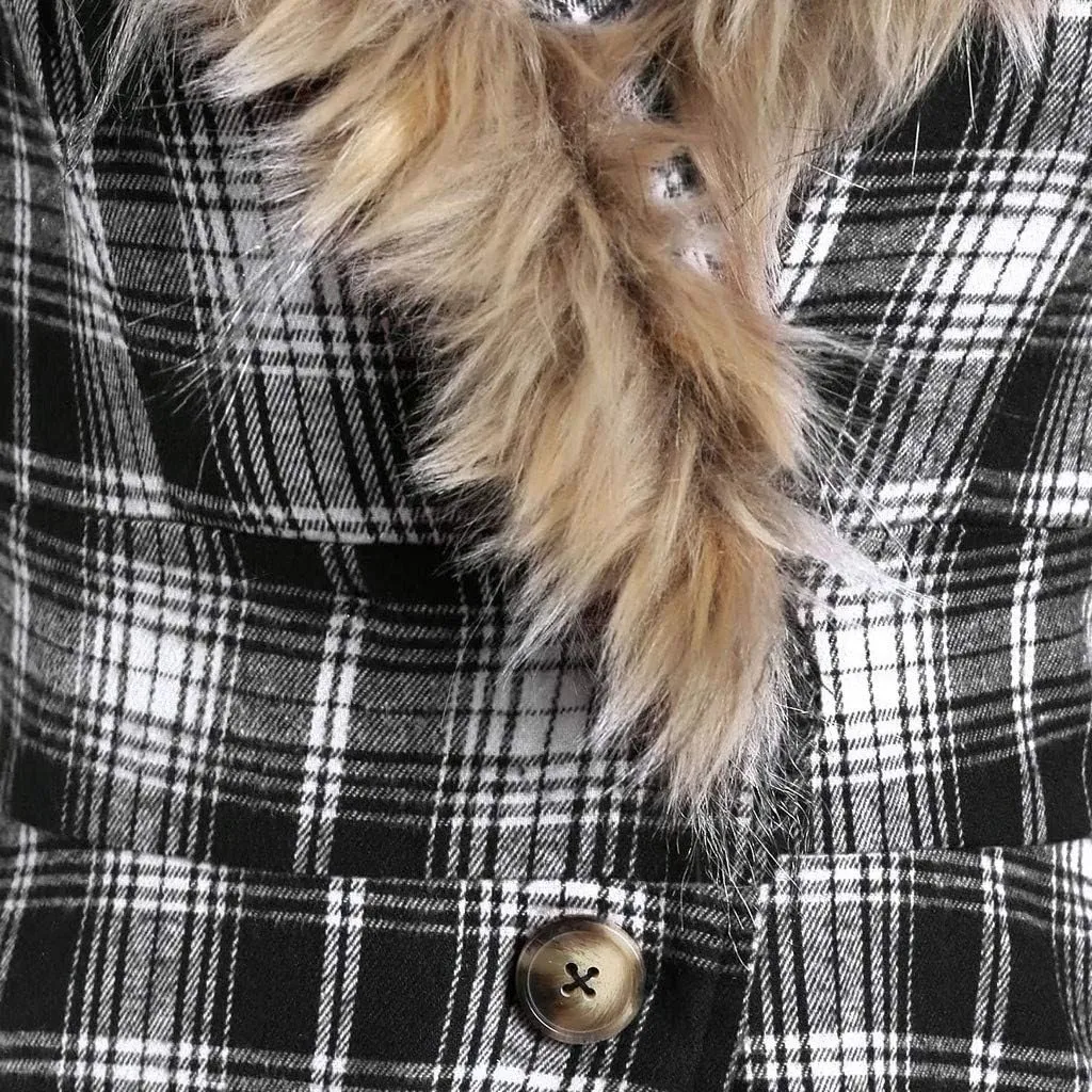 Womens Furry Hooded Jackets Plaid Printed Plush Button Asymmetric Long Tops Cloak Button Gothic Coats