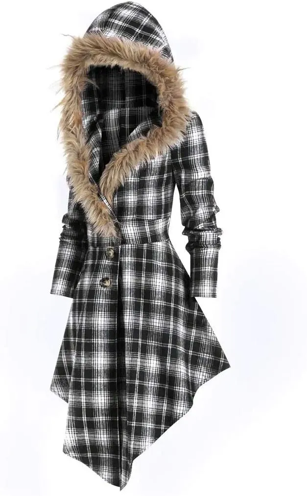 Womens Furry Hooded Jackets Plaid Printed Plush Button Asymmetric Long Tops Cloak Button Gothic Coats