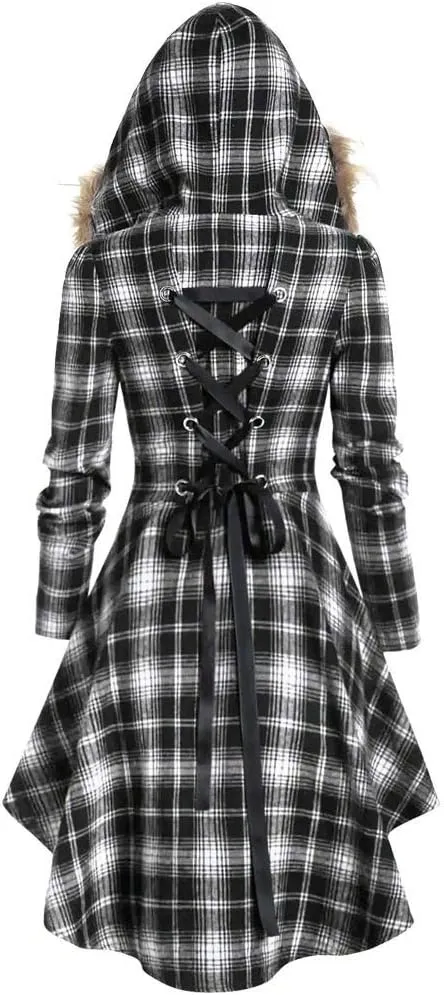 Womens Furry Hooded Jackets Plaid Printed Plush Button Asymmetric Long Tops Cloak Button Gothic Coats