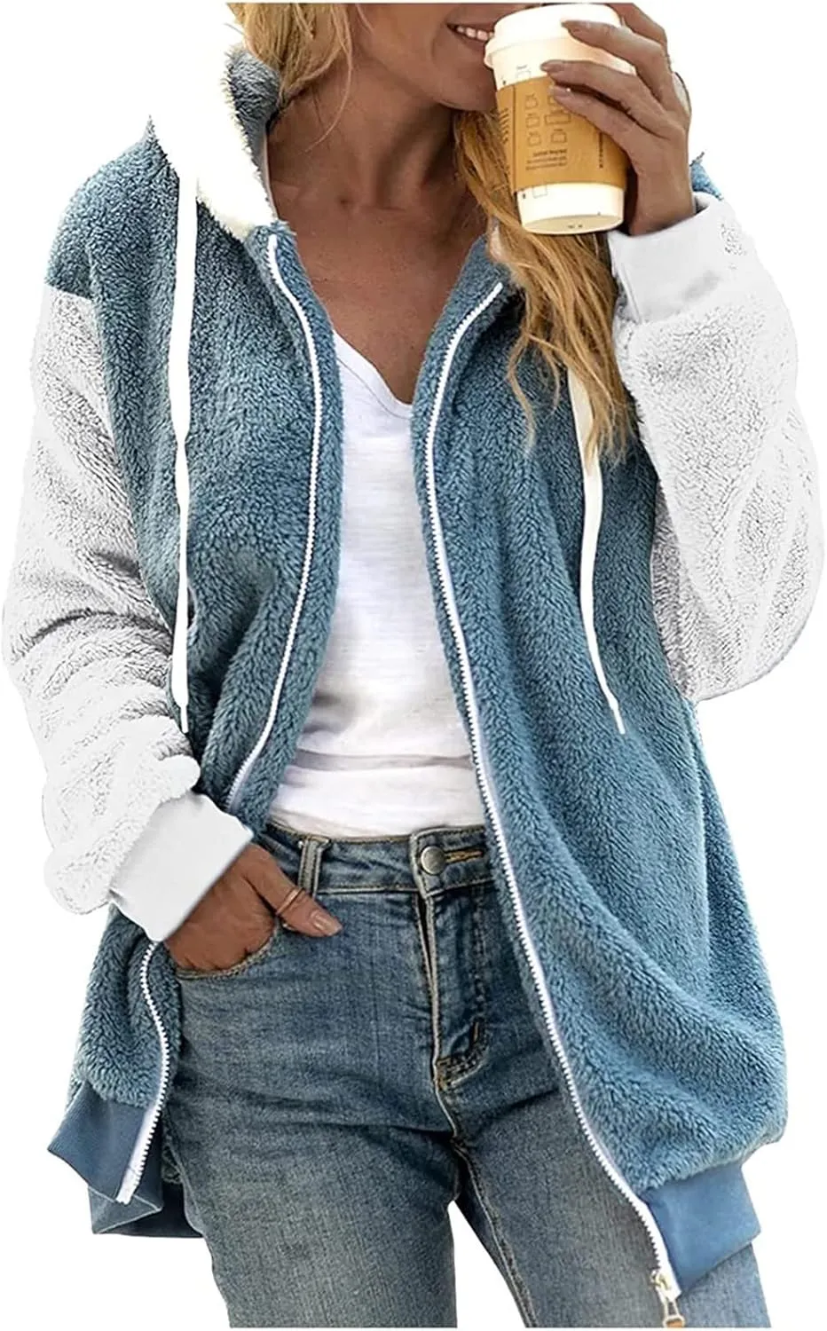 Womens Fuzzy Fleece Jacket Winter Warm Hooded Color Block Patchwork Coats Full Zip Sherpa Outerwear with Pockets