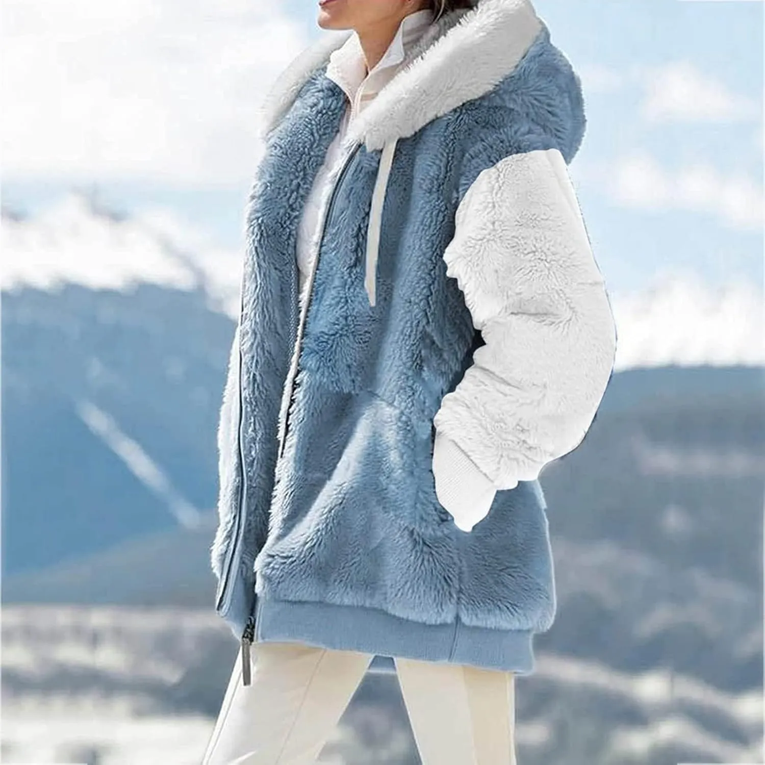 Womens Fuzzy Fleece Jacket Winter Warm Hooded Color Block Patchwork Coats Full Zip Sherpa Outerwear with Pockets