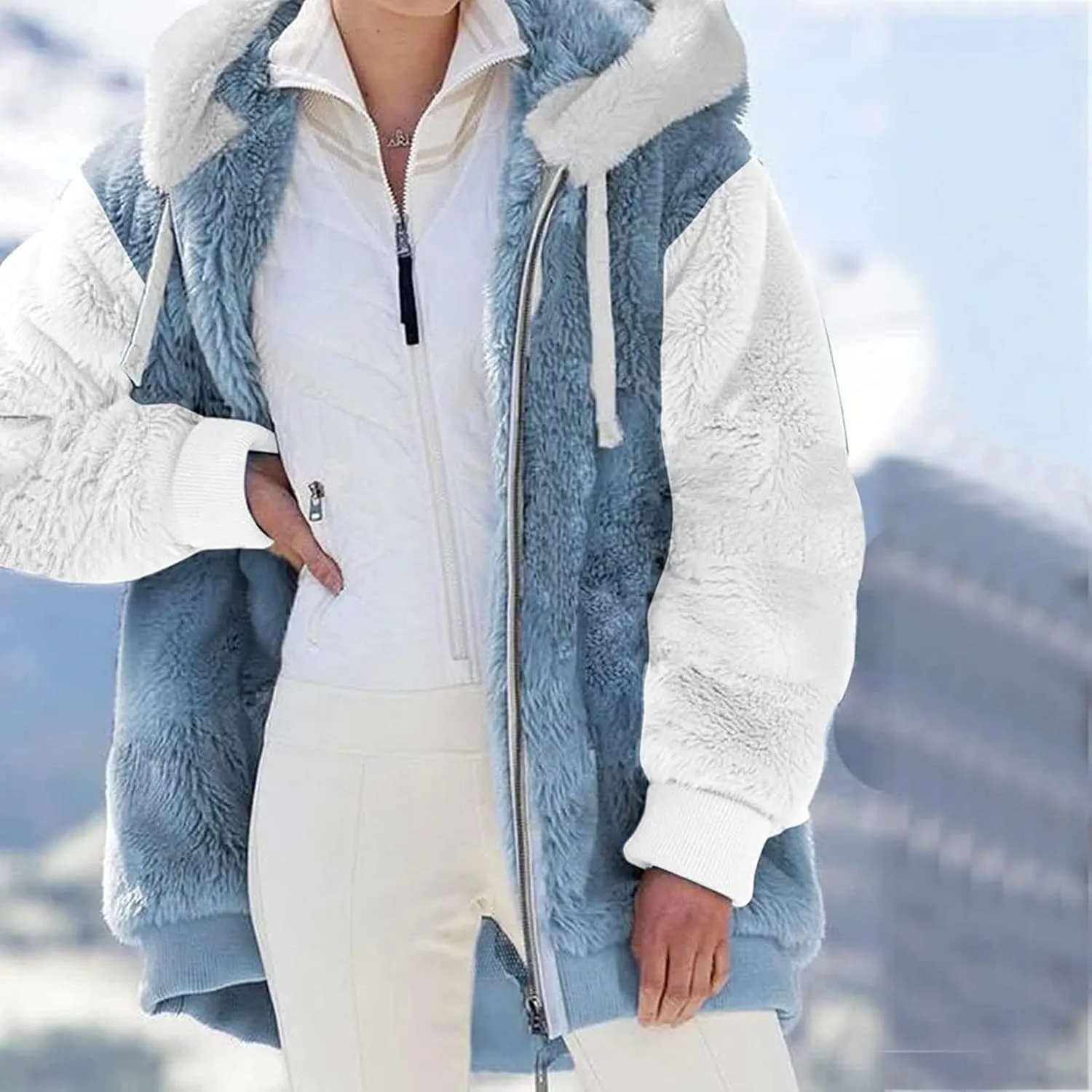 Womens Fuzzy Fleece Jacket Winter Warm Hooded Color Block Patchwork Coats Full Zip Sherpa Outerwear with Pockets