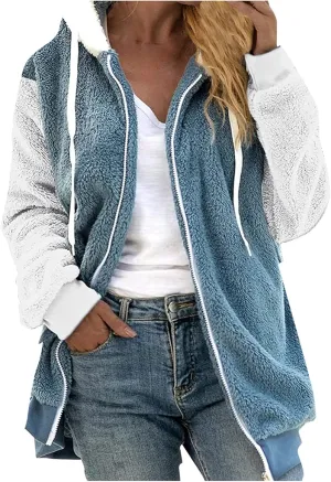 Womens Fuzzy Fleece Jacket Winter Warm Hooded Color Block Patchwork Coats Full Zip Sherpa Outerwear with Pockets