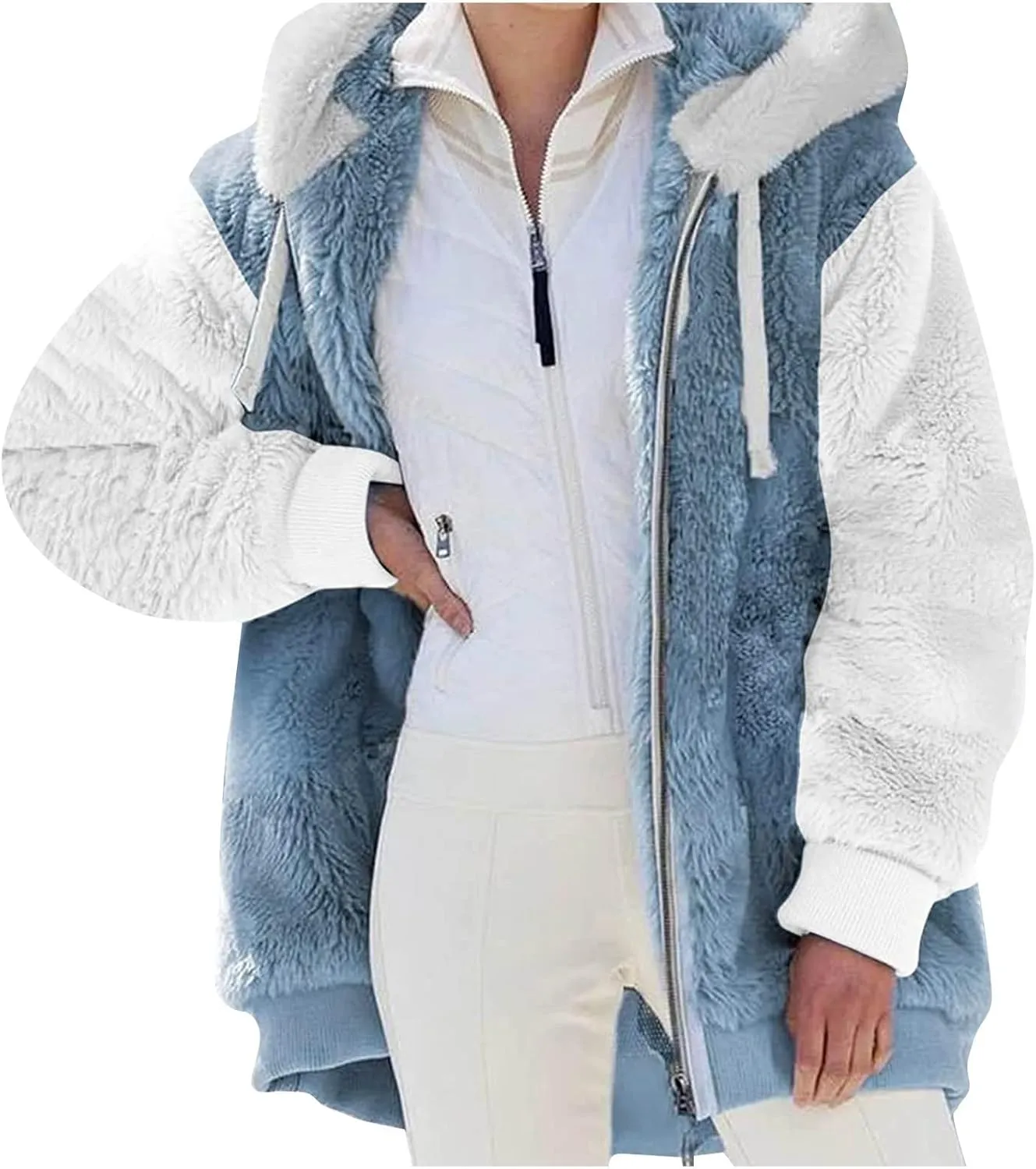 Womens Fuzzy Fleece Jacket Winter Warm Hooded Color Block Patchwork Coats Full Zip Sherpa Outerwear with Pockets