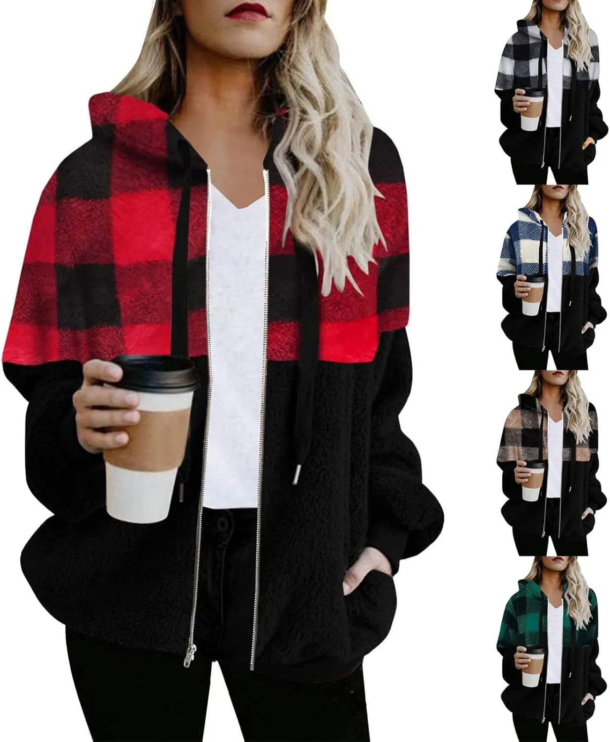 Womens Fuzzy Hooded Jacket Warm Winter Coats Plaid Color Block Zip Up Hoodie Plush Jackets Casual Outerwear
