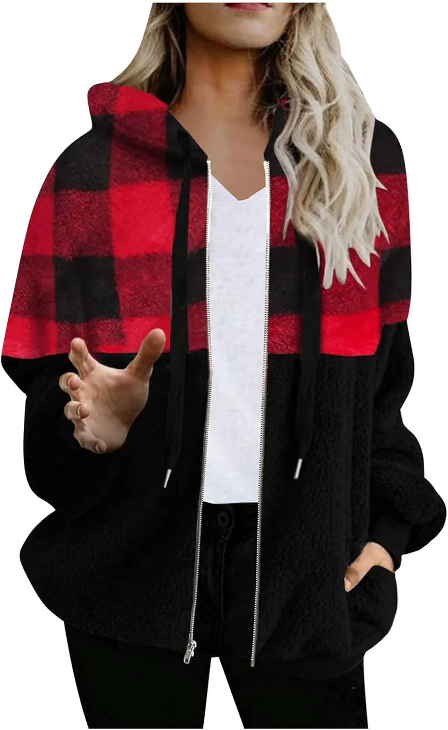 Womens Fuzzy Hooded Jacket Warm Winter Coats Plaid Color Block Zip Up Hoodie Plush Jackets Casual Outerwear