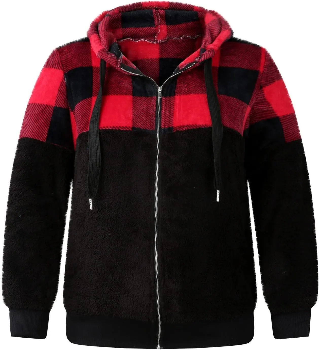 Womens Fuzzy Hooded Jacket Warm Winter Coats Plaid Color Block Zip Up Hoodie Plush Jackets Casual Outerwear