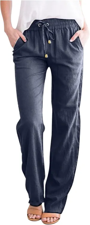 Women's High Waisted Linen Pants Casual Summer Pants Plus Size Lounge Pants Lightweight Comfy Pants Drawstring Trouser