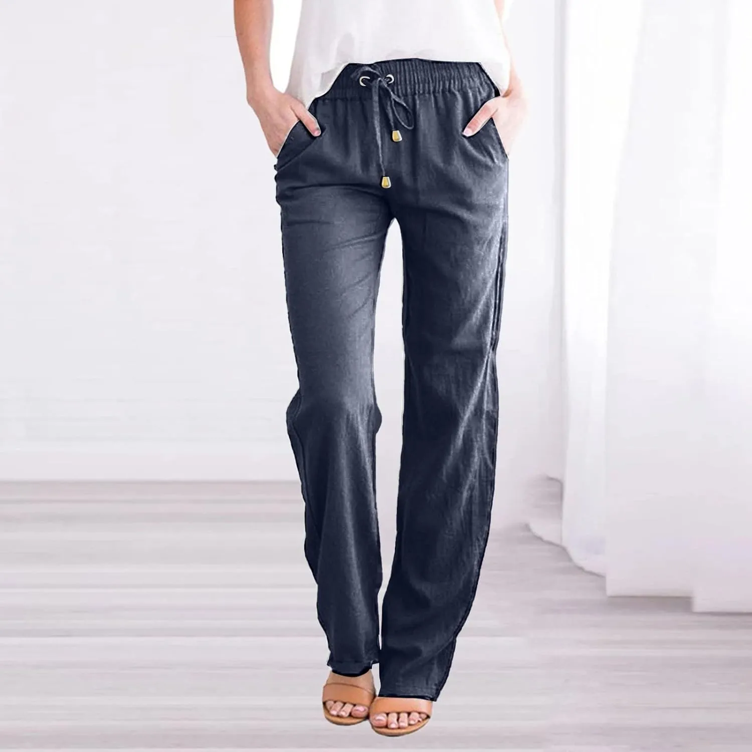 Women's High Waisted Linen Pants Casual Summer Pants Plus Size Lounge Pants Lightweight Comfy Pants Drawstring Trouser